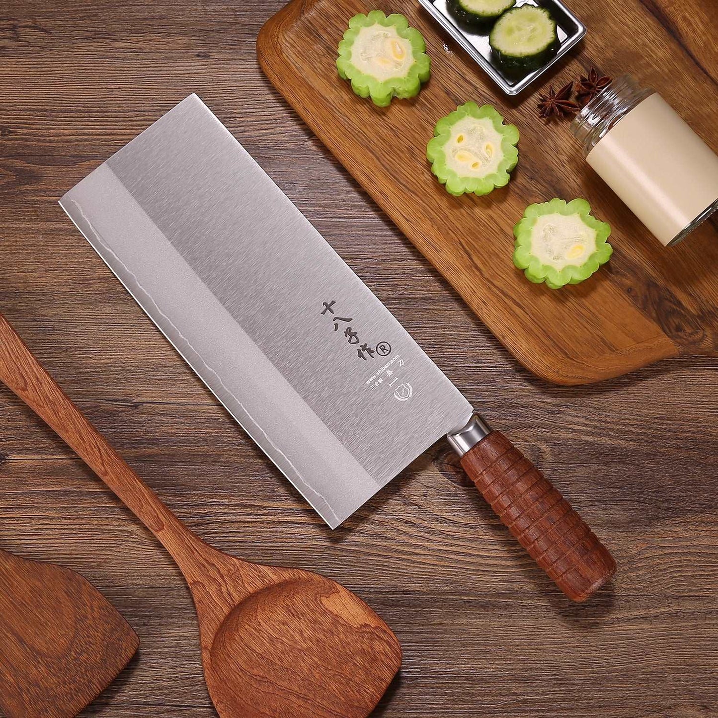 SHI BA ZI ZUO Kitchen Knife Professional Chef Knife Stainless Steel Vegetable Knife Safe Non-stick Finish Blade with Anti-slip Wooden Handle (9 inch)