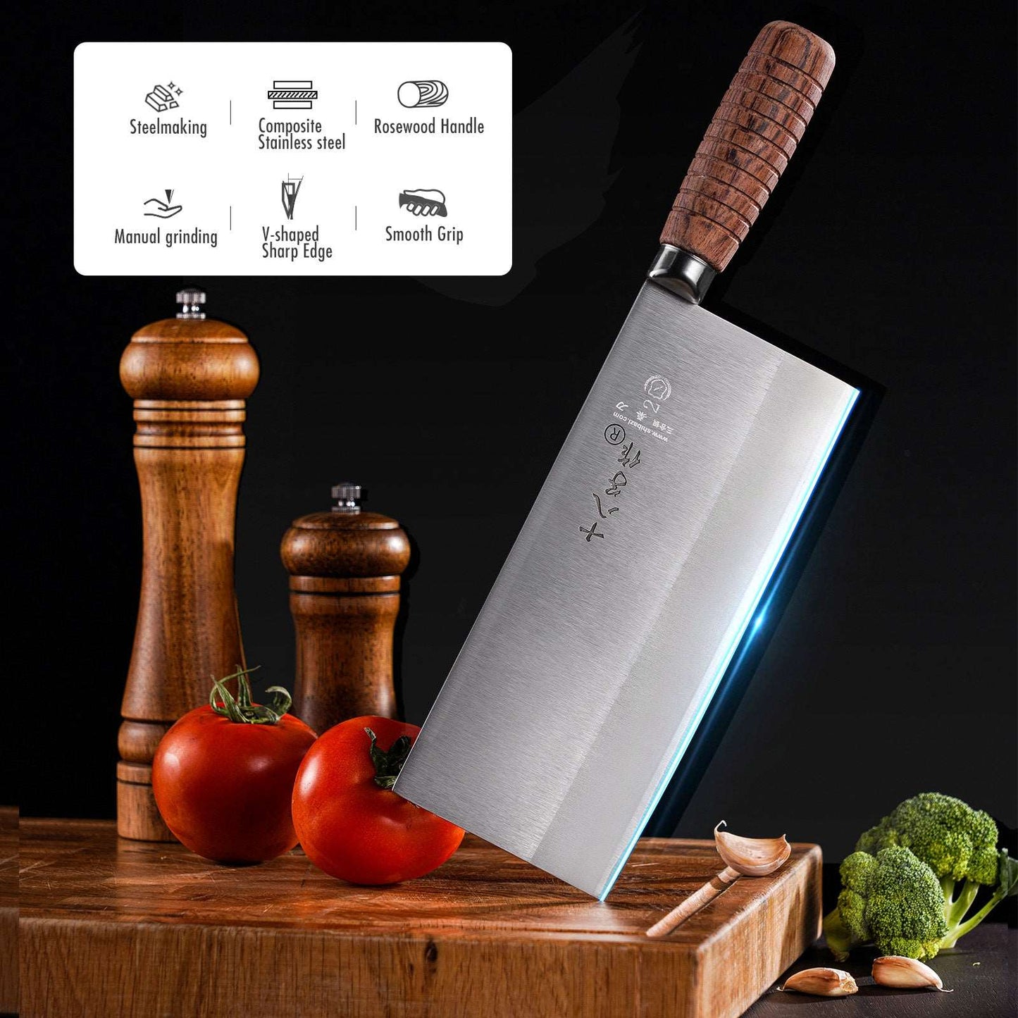 SHI BA ZI ZUO Kitchen Knife Professional Chef Knife Stainless Steel Vegetable Knife Safe Non-stick Finish Blade with Anti-slip Wooden Handle (9 inch)