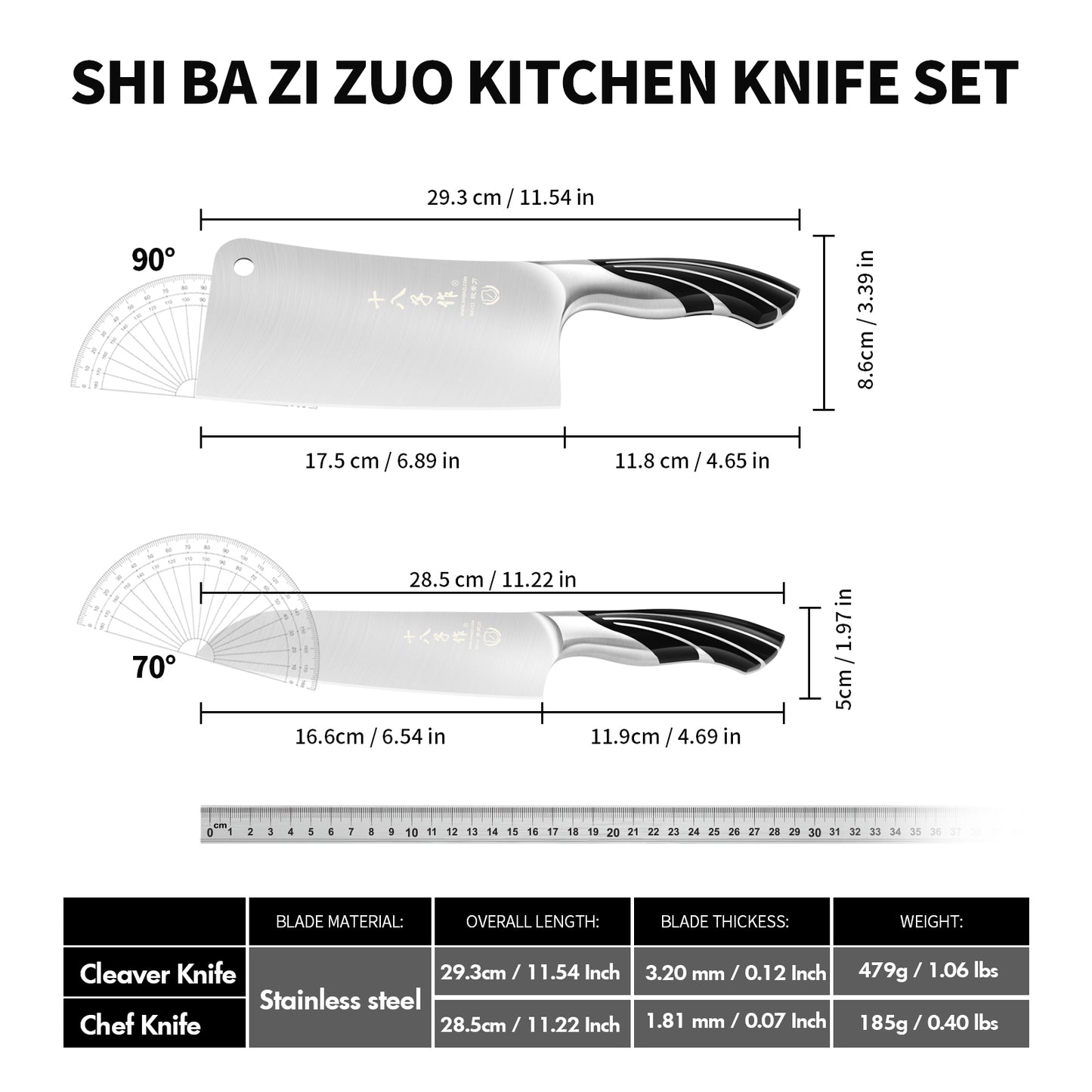 SHI BA ZI ZUO Professional Kitchen Knife Set,Butcher Knife and Chef Knife 2 Pieces Kitchen Knife Set for Cutting Bones,Vegetables and Meat