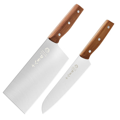 SHI BA ZI ZUO Chinese Kitchen Knife and Santoku Knife,2 PCS Kitchen Knife Set Chef Knife for Cutting Meat and Vegetables,with Ergonomic Design Wooden Handle