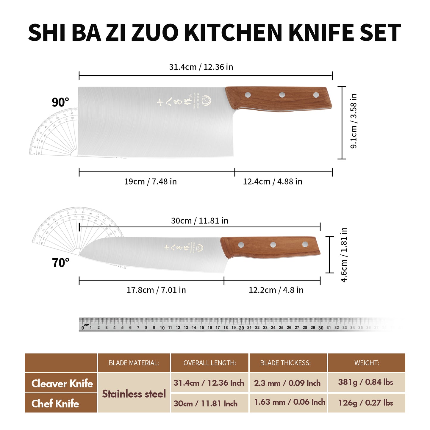 SHI BA ZI ZUO Chinese Kitchen Knife and Santoku Knife,2 PCS Kitchen Knife Set Chef Knife for Cutting Meat and Vegetables,with Ergonomic Design Wooden Handle