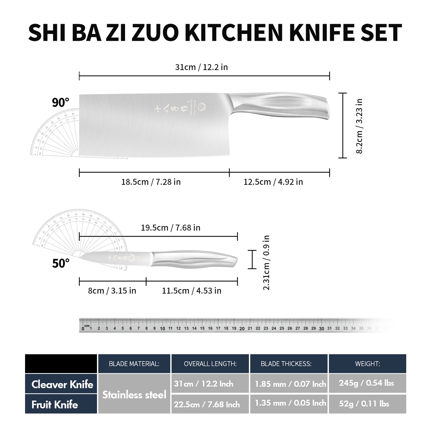 SHI BA ZI ZUO 2 PCS Kitchen Knife Set,Professional Chinese Chef Knife and Fruit Knife with Ergonomic Handle Stainless Steel Chef Knife for Kitchen and Restaurant