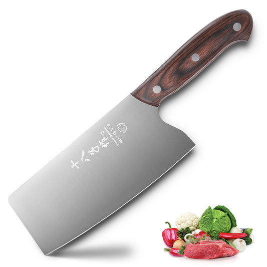 SHI BA ZI ZUO Chinese Knife Vegetable Meat Knife 6.7-inch Stainless Steel Slicer Cleaver, Wooden Handle with Moderate Weight