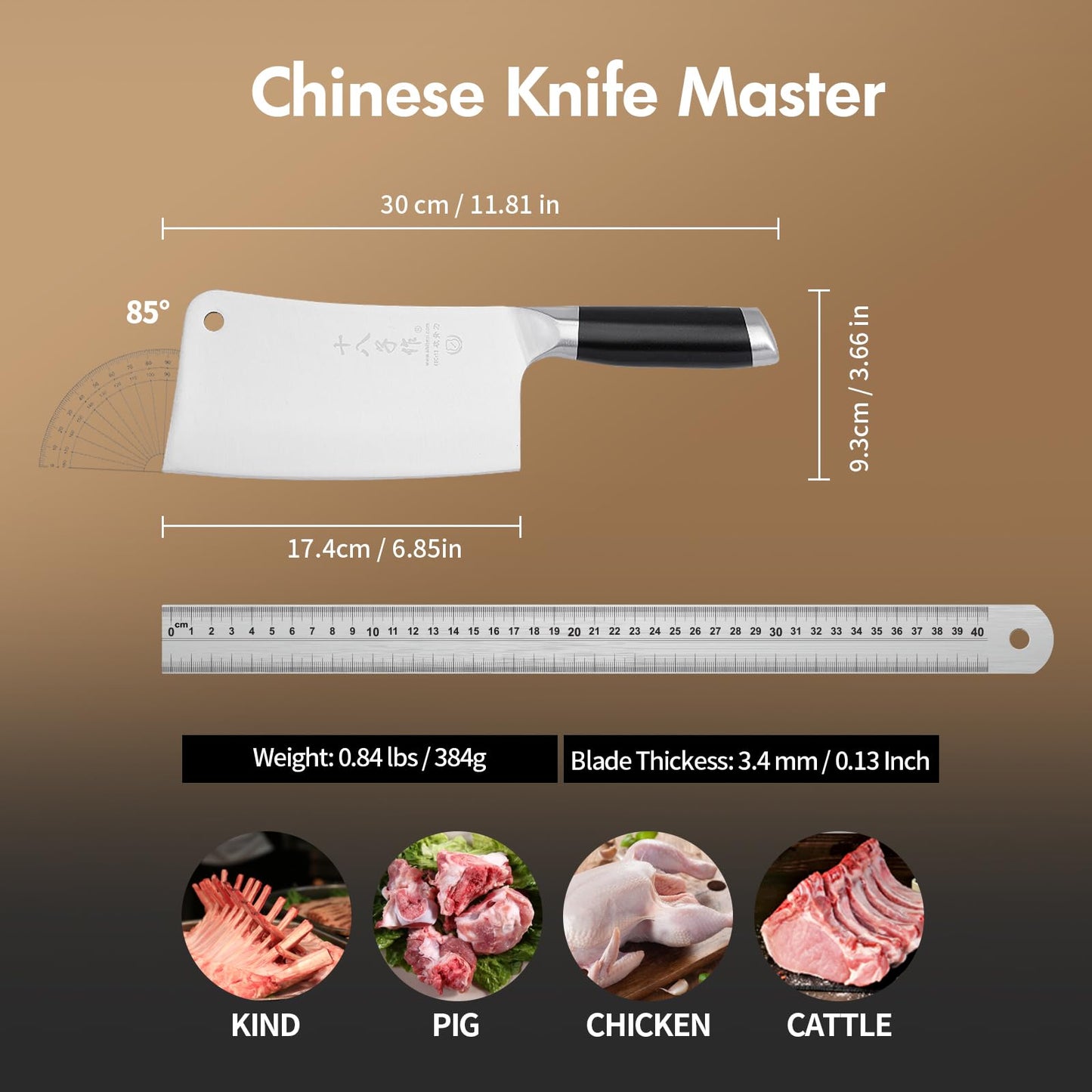 SHI BA ZI ZUO Chef's Knife Kitchen Knife Heavy Duty Stainless Steel Butcher Knife Chinese Full Tong Knife for Cutting Meat with Bone