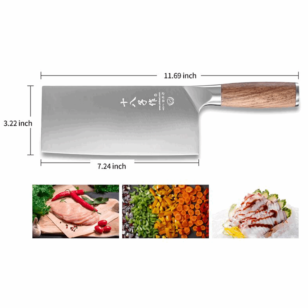 SHI BA ZI ZUO 7 Inches Stainless Steel Meat and Vegetable Cleaver Knife with Ergonomic and Sturdy Wooden Handle