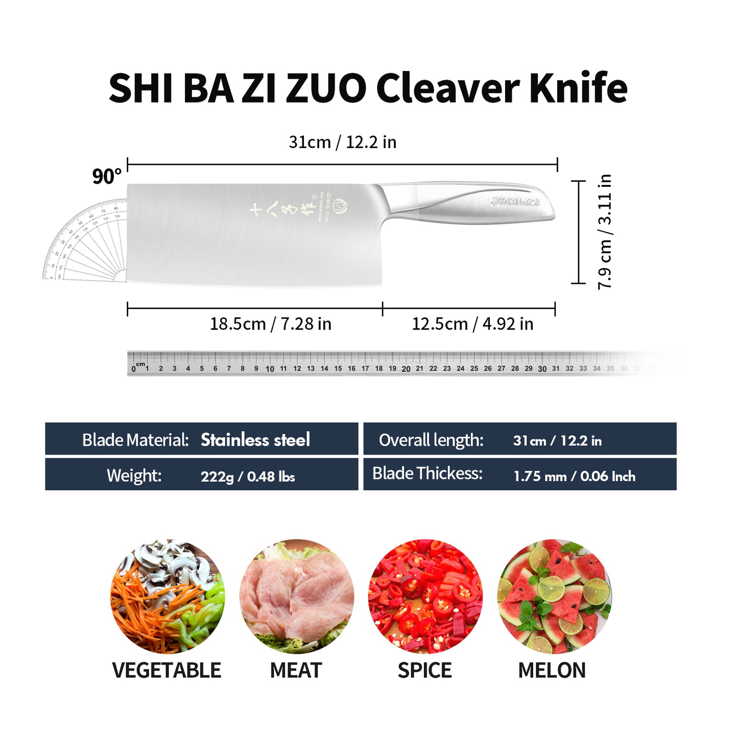 SHI BA ZI ZUO Meat and Vegetable Cleaver Knife,Professional Kitchen Knife with Ergonomic Stainless Steel Handle