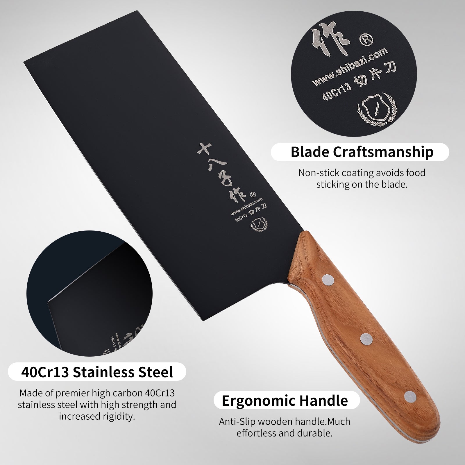 SHI BA ZI ZUO Meat Cleaver Knife Chinese Chef Knife Stainless Steel Slicer Cleaver with Anti-Slip Wooden Handle