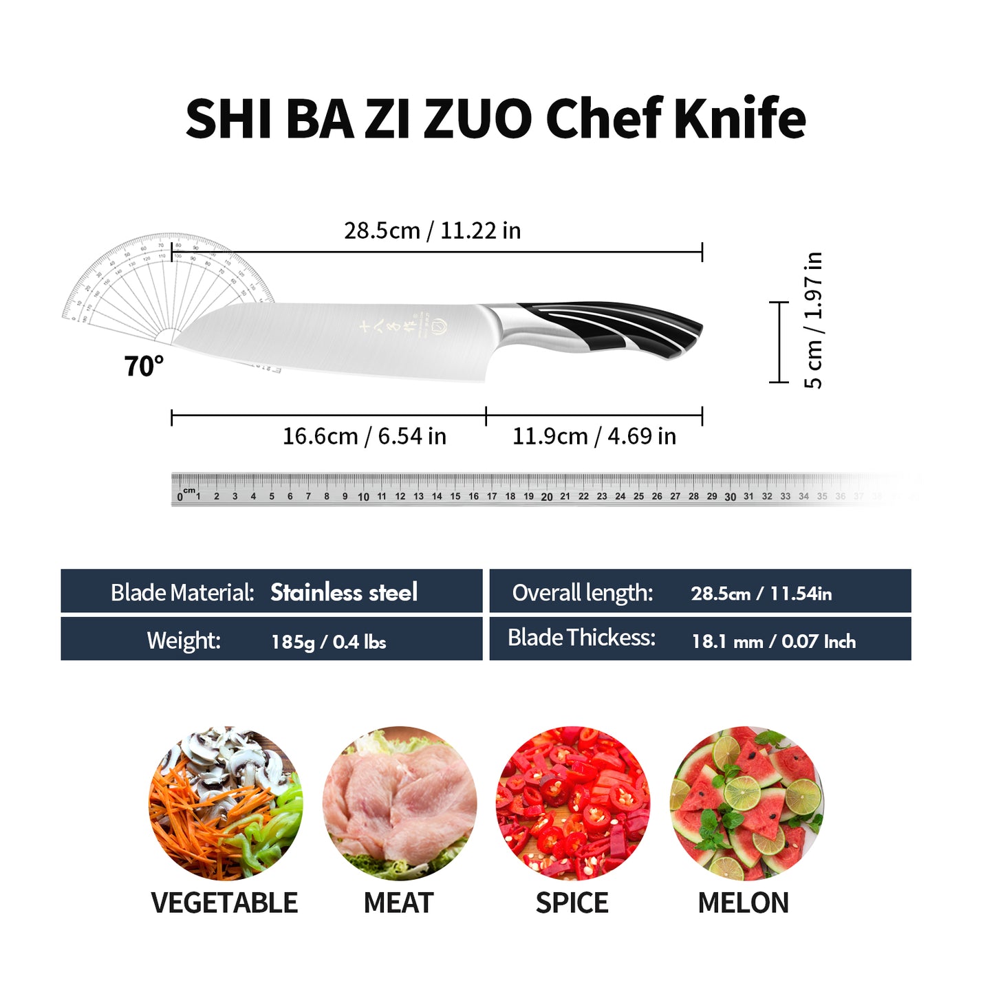 SHI BA ZI ZUO Professional Chef Knife,Stainless Steel Kitchen Knife with Ergonomic Handle for Meat and Vegetable Cutting