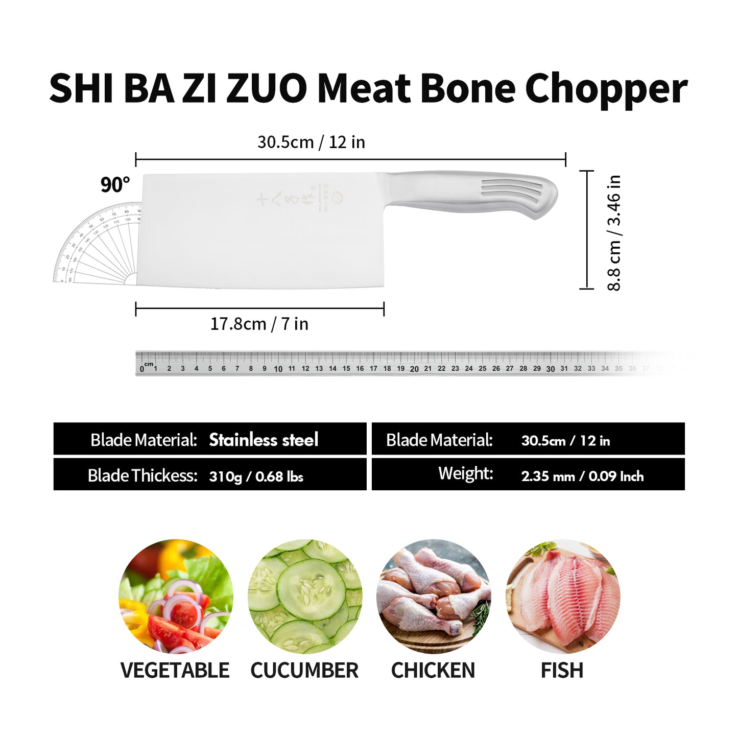 SHI BA ZI ZUO Chopper Knife Professional Chef Knife Meat Cleaver Knife Butcher Knife Slicing Meat Chopping Bones with Stainless Steel Handle