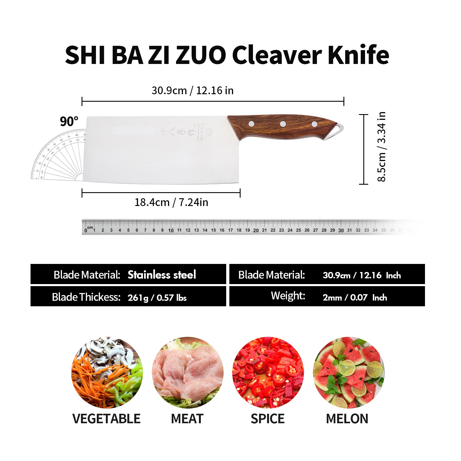 SHI BA ZI ZUO Chinese Knife Professional Kitchen Knife Chef Knife Stainless Steel Meat Cleaver Knife Ultra-Sharp Blade with Anti-Slip Wooden Handle