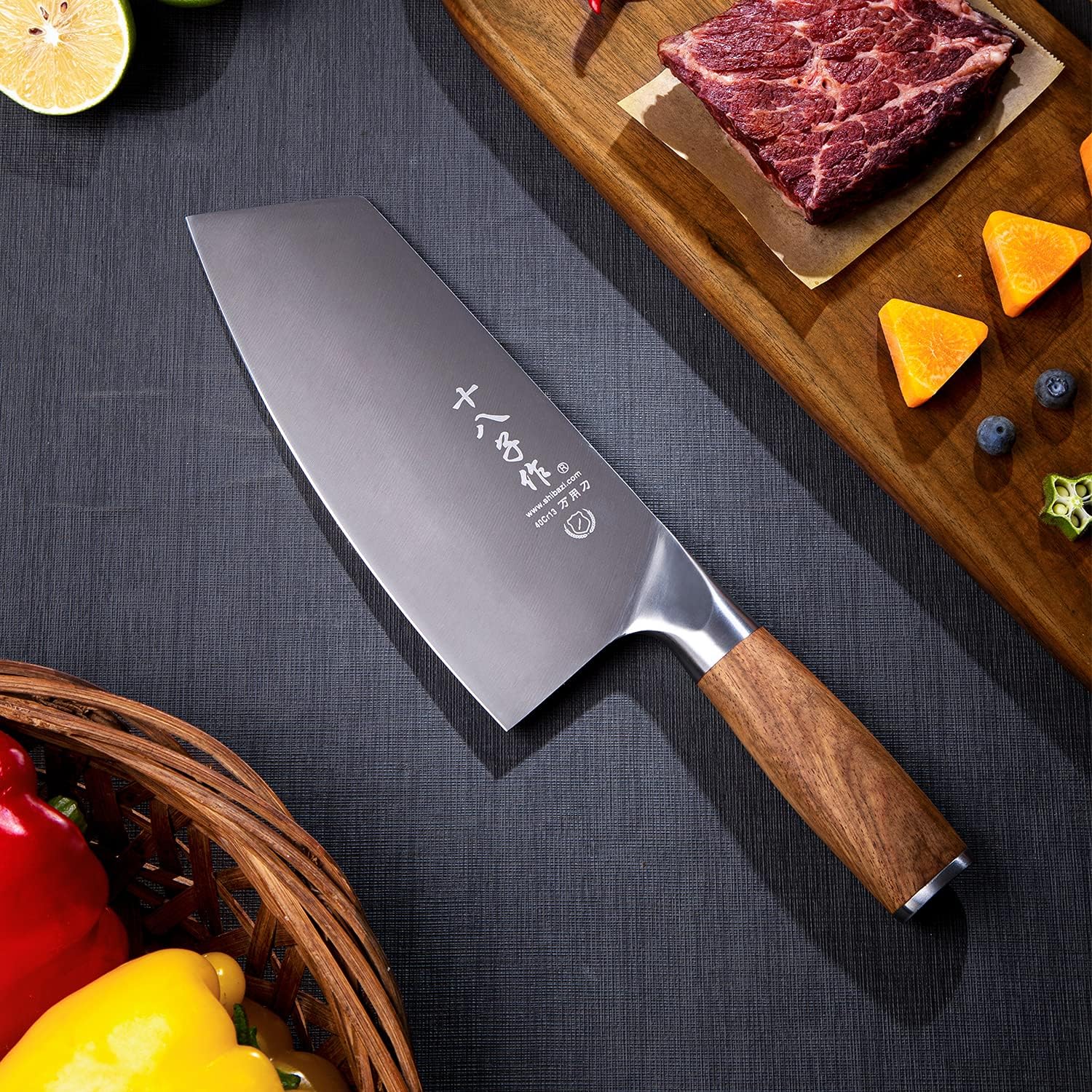 SHI BA ZI ZUO Meat Chopper Knife Chinese Chef Knife Vegetable Cleaver for Kitchen Stainless Steel Kitchen Knife with Anti-Slip Wooden Handle