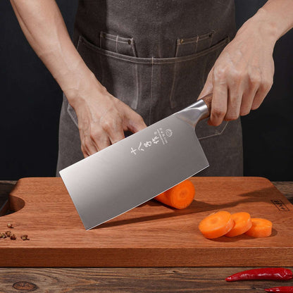 SHI BA ZI ZUO 7 Inches Stainless Steel Meat and Vegetable Cleaver Knife with Ergonomic and Sturdy Wooden Handle