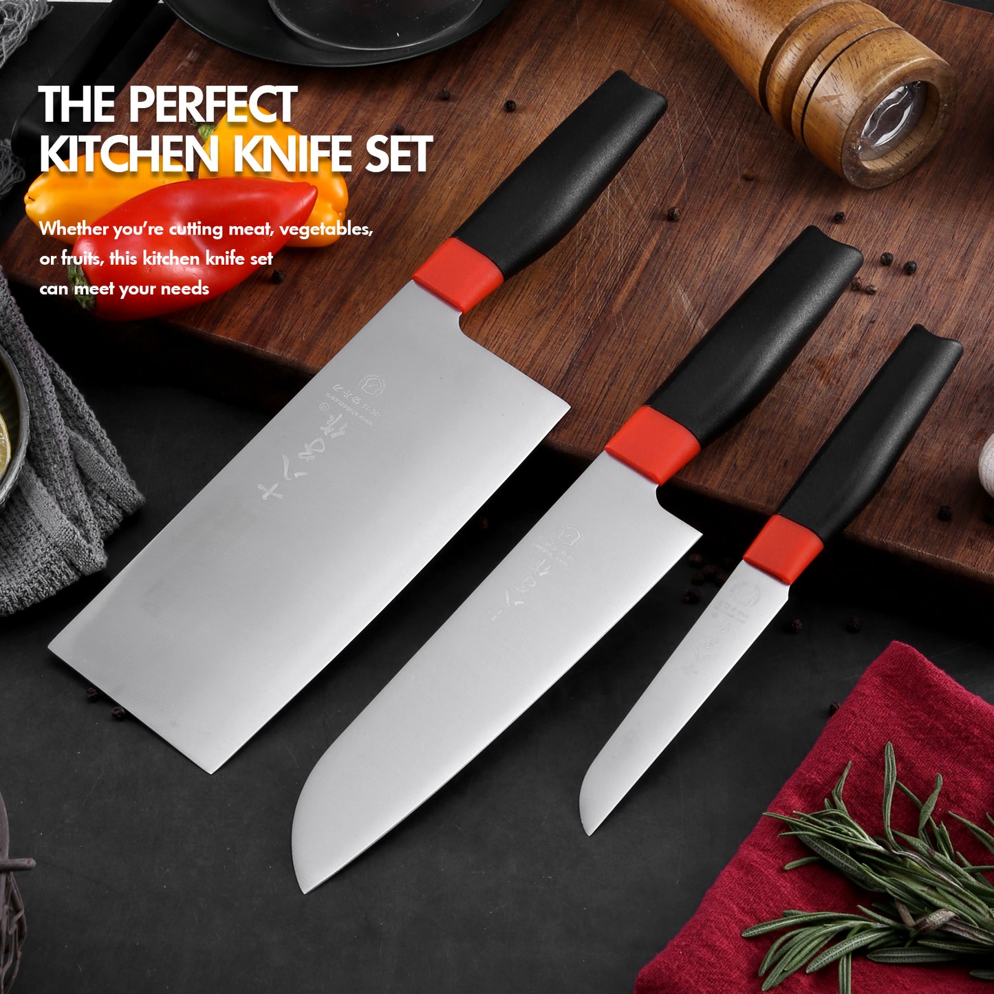 SHI BA ZI ZUO 3PCS Kitchen Knife Set,Professional Santoku Knife Utility Knife Fruit Knife Meat Cleaver Knife,with Ergonomic Design Handle