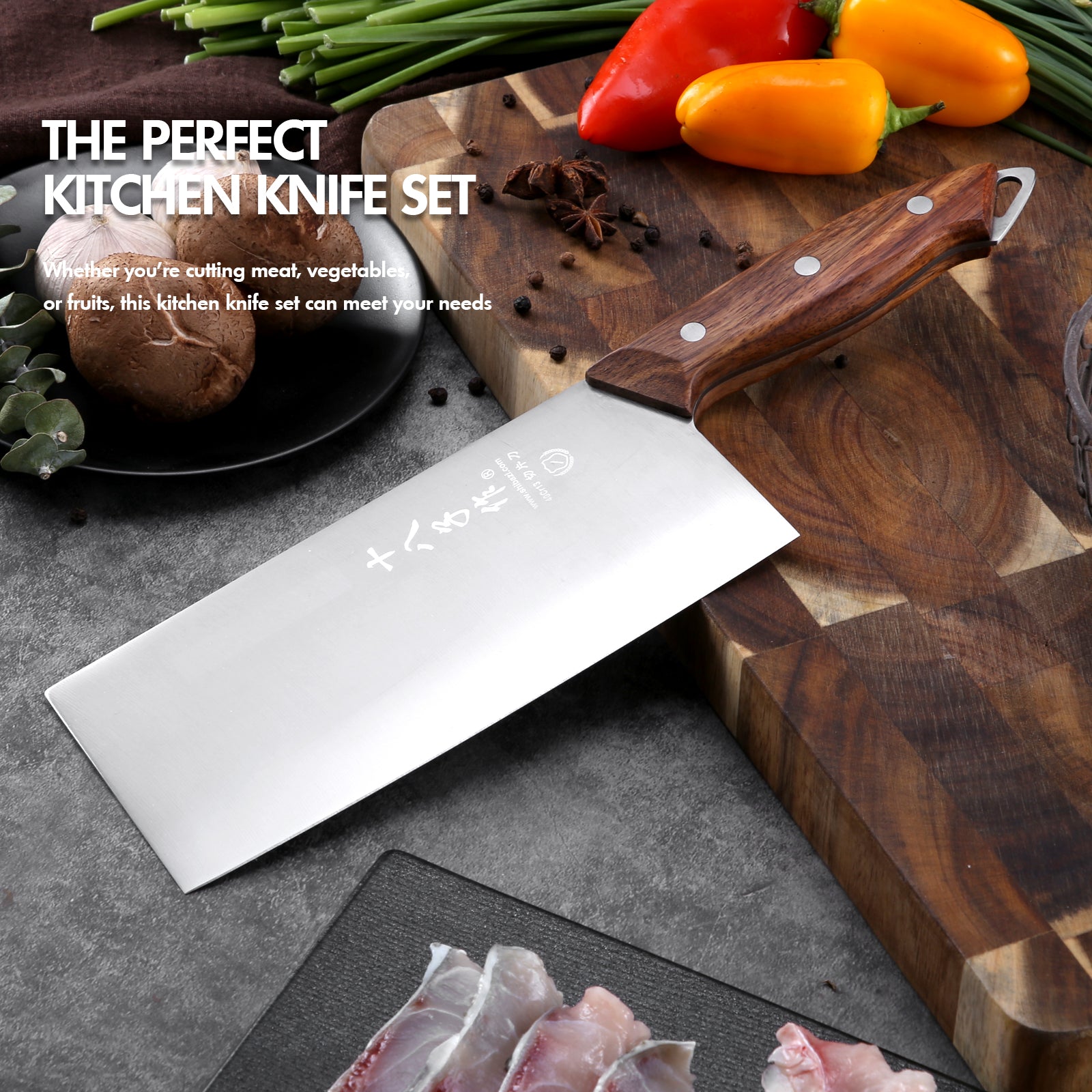 SHI BA ZI ZUO Chinese Knife Professional Kitchen Knife Chef Knife Stainless Steel Meat Cleaver Knife Ultra-Sharp Blade with Anti-Slip Wooden Handle