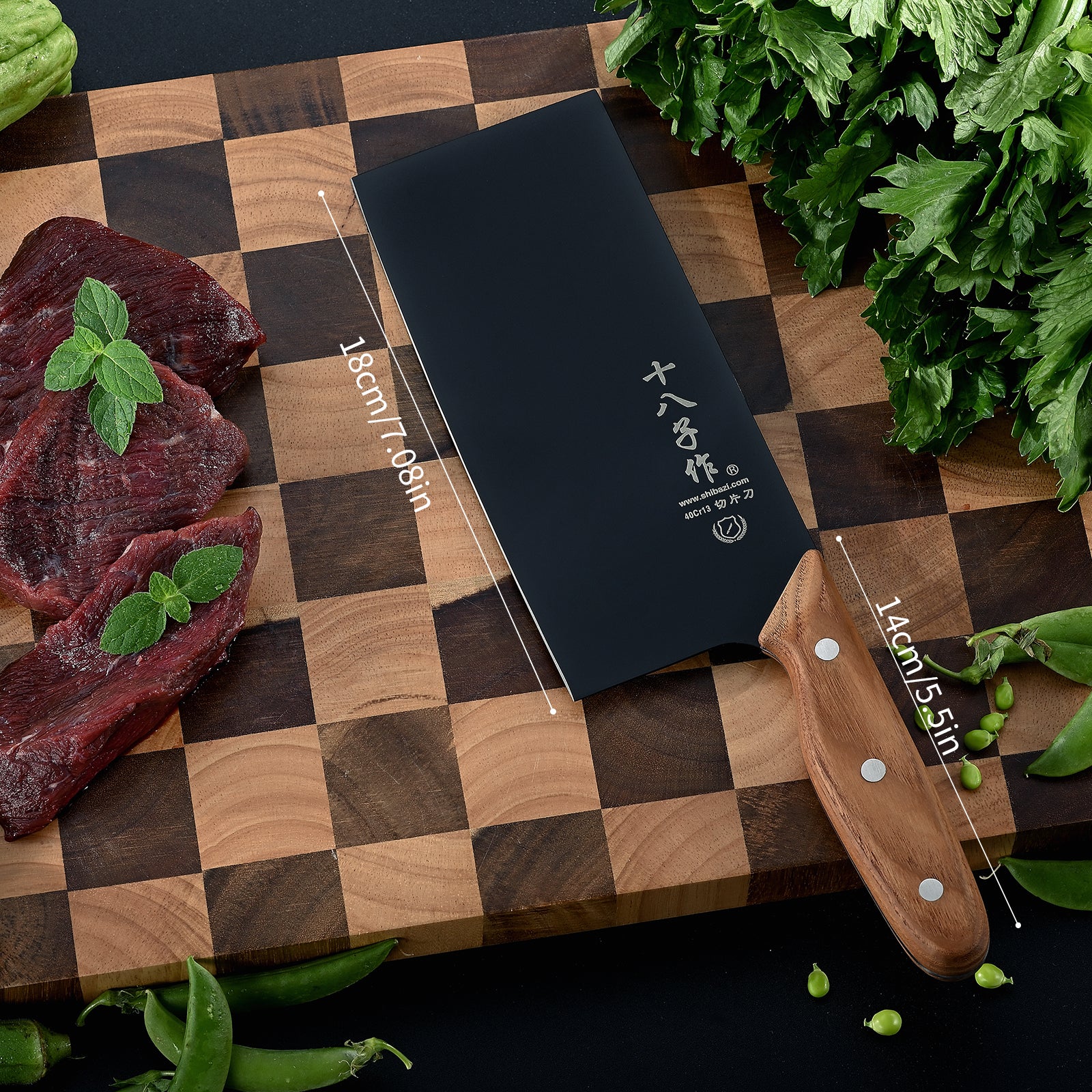 SHI BA ZI ZUO Meat Cleaver Knife Chinese Chef Knife Stainless Steel Slicer Cleaver with Anti-Slip Wooden Handle