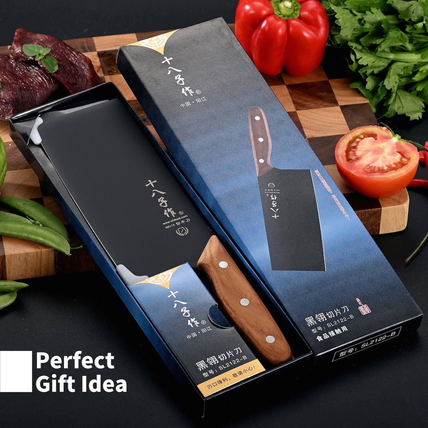 SHI BA ZI ZUO Meat Cleaver Knife Chinese Chef Knife Stainless Steel Slicer Cleaver with Anti-Slip Wooden Handle