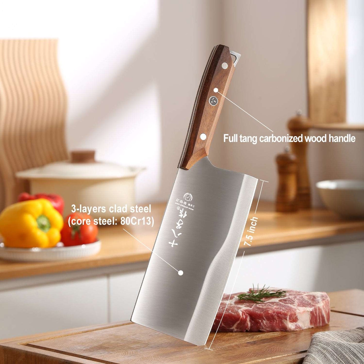 SHI BA ZI ZUO 7.5 Inch Meat Bone Cleaver Knife High Carbon Premium Vegetable Knife for Effortless Precision Slicing and Chopping