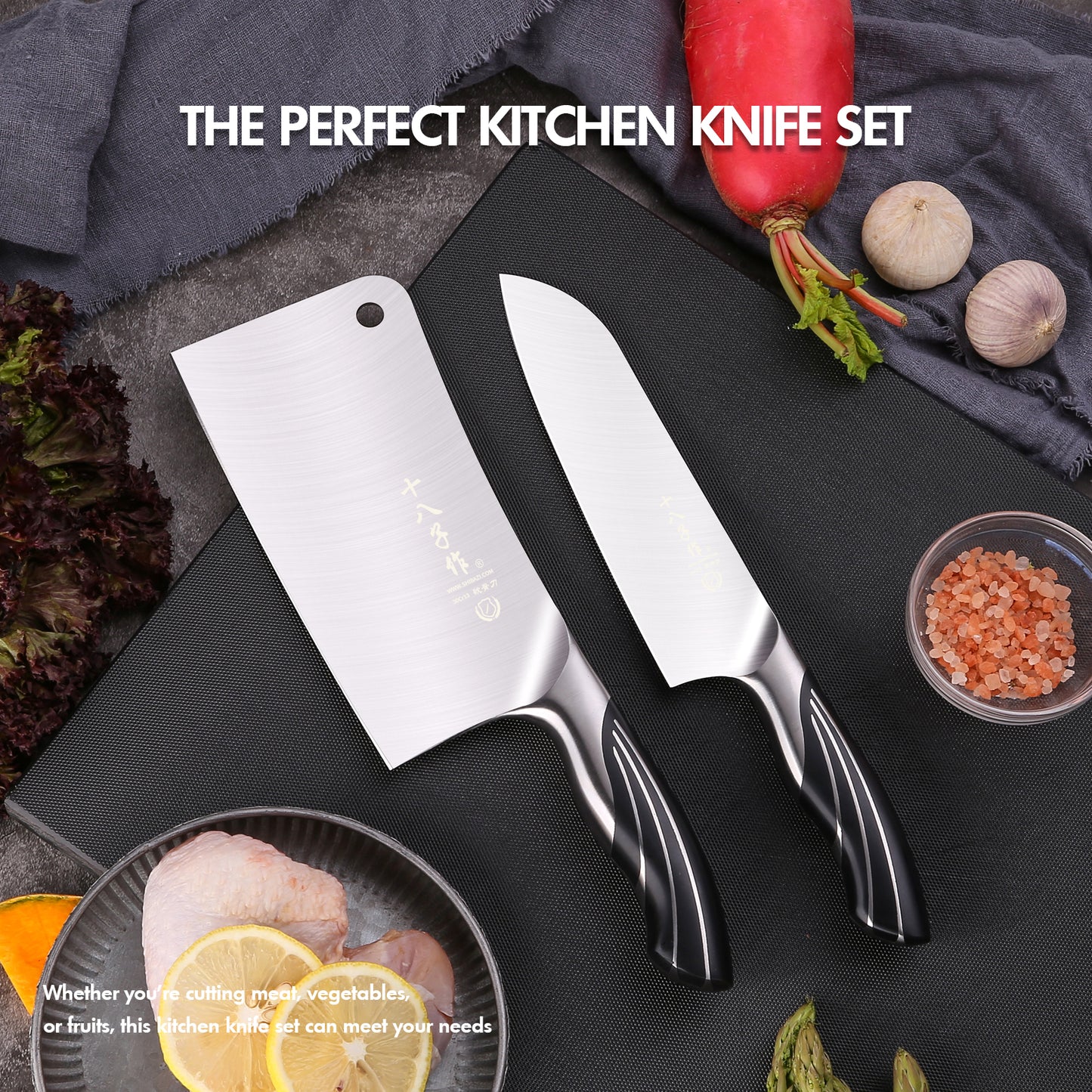 SHI BA ZI ZUO Professional Kitchen Knife Set,Butcher Knife and Chef Knife 2 Pieces Kitchen Knife Set for Cutting Bones,Vegetables and Meat