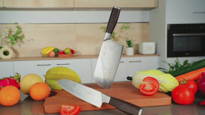 SHI BA ZI ZUO Meat Cleaver Set Chinese Style Patterns 7.09”&6.97" Chef Knife Stainless Steel Professional Kitchen Cleaver And Santoku Knife (Kitchen Knife Set 2 Pcs)