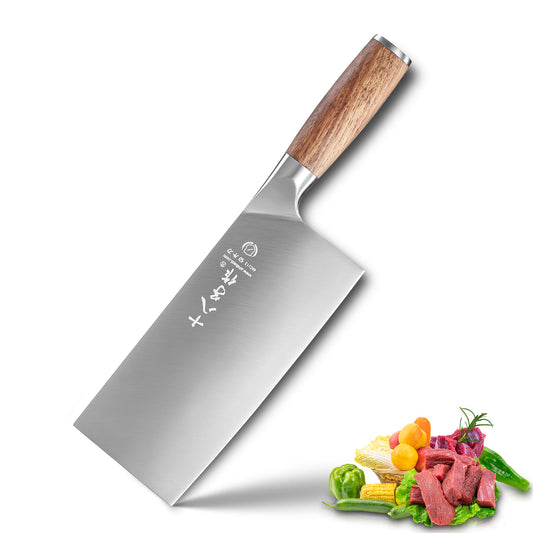 SHI BA ZI ZUO 7 Inches Stainless Steel Meat and Vegetable Cleaver Knife with Ergonomic and Sturdy Wooden Handle